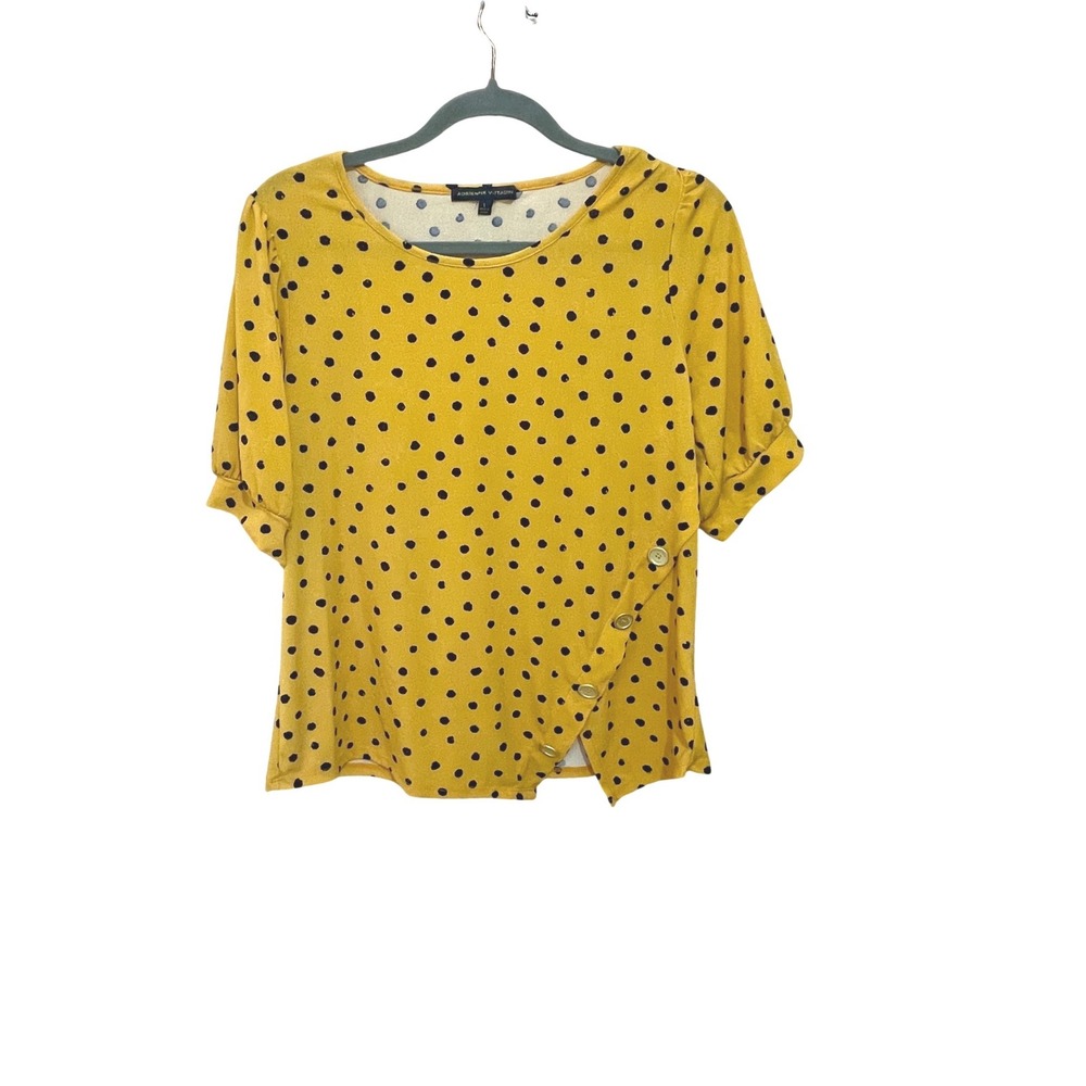 Adrienne Vittadini Mustard Yellow Polka Dot Puff Sleeve Button Blouse Top L